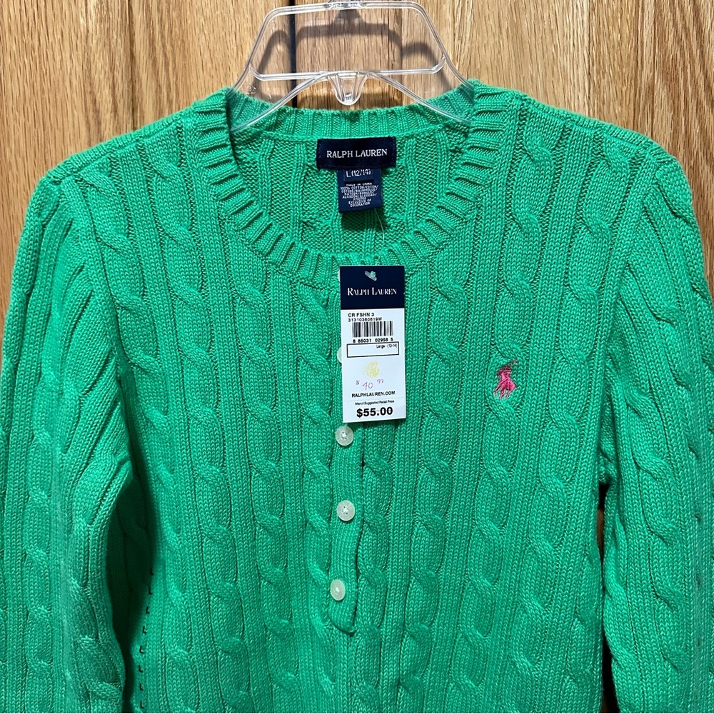 Ralph Lauren Bright Green Cable Knit Crewneck Sweater for a girl L 12/14 - Picture 2 of 2